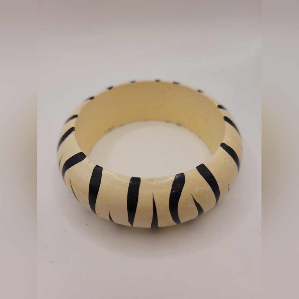 Chunky Cream Black Zebra Striped Painted  Wood Bangle